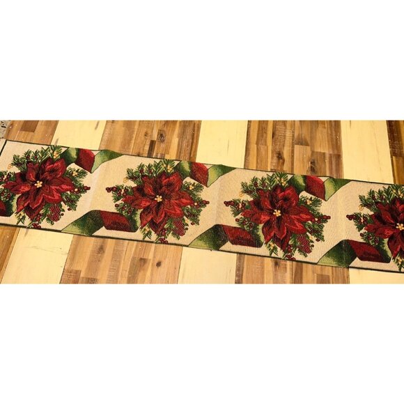 Christmas tapestry Linens 4 Placematt  1 Runner 1 tablecloth poinsettia plaid - Picture 15 of 16